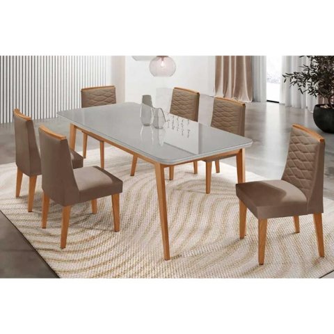 Sala de Jantar Completa Havana C/ Tampo Madeirado C/ Vidro Canto Curvo 180x90cm e 6 Cadeiras
