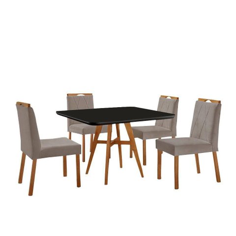 Conjunto Sala de Jantar Mesa Atenas 90x90cm Preto com 4 Cadeiras Bela Veludo Cinza
