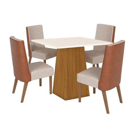 Sala de Jantar Completa Dora Tampo Madeirado 90x90cm e 4 Cadeiras Anne Nature/courano/linho - Henn