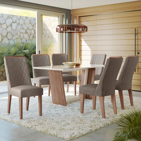 Conjunto Sala de Jantar Mesa com 6 Cadeiras Rubi - Amendoa Off White