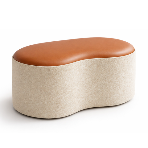 Puff Feijão Orgânico Tampo Corino Resistente Luxo Bouclé Off White