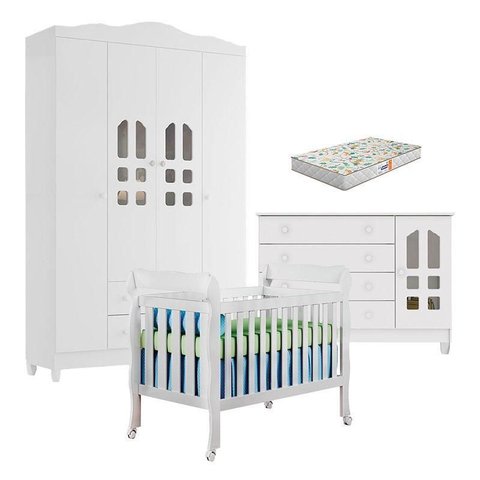 Quarto de Bebê New Selena 4 Portas com Berço Lila e Cômoda Gran Selena Branco Brilho e Colchão