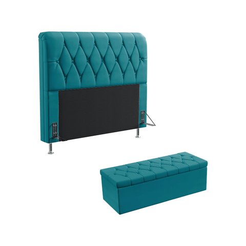 Kit Cabeceira Estofada Decorativa Para Cama Box Sirius 160 Queen e Calçadeira Sagitarius Sued Azul T