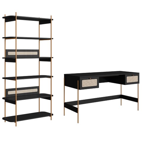 Mesa Escrivaninha e Estante Pé Metal Arlo A10 Nero/dourado - Mpozenato