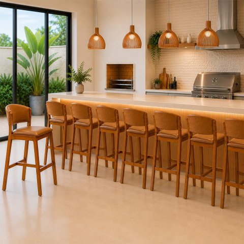 Kit 8 Banquetas Alta Madeira Maciça Encosto Estofado Corino Bancada Área Gourmet Movellu Home