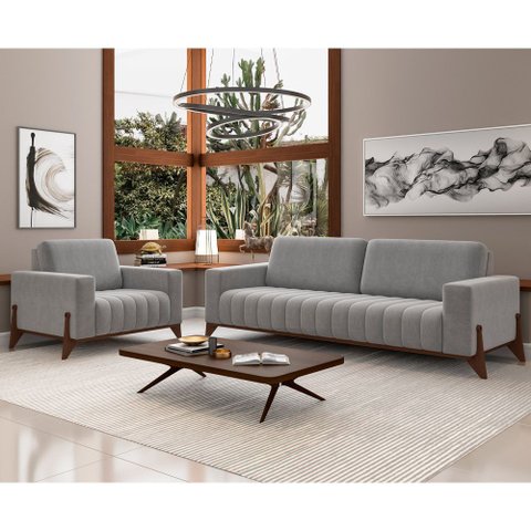 Conjunto Sofá 2 Lugares e Poltrona Ouro Veludo Cinza Claro - Sallar Home