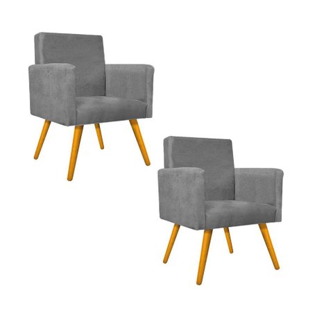 Kit 2 Poltronas Decorativas Luana com Pés Palito para Sala Escritório Suede Cinza