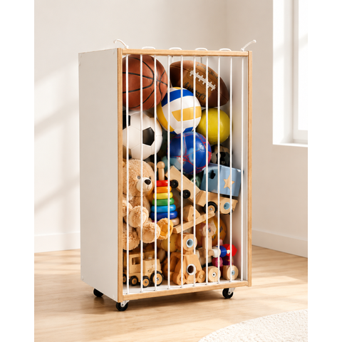 Baú Organizador Porta Bolas e Brinquedos Infantil Cesto Multifuncional com Rodinhas | MDF Branco