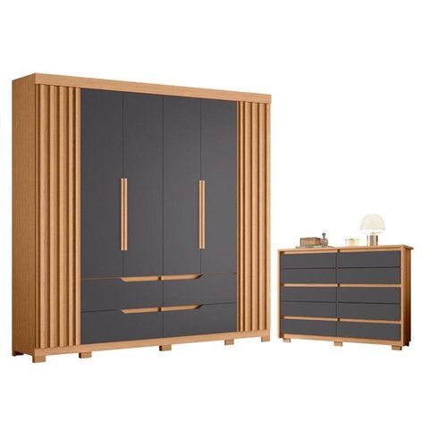 Guarda Roupa Casal Doble 06 Portas e Cômoda Duetto 10 Gavetas Freijo Titanium- Móveis Albatroz