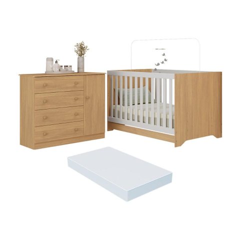 Berço Americano 3 em 1 com Colchão Incluso e Cômoda 1 Porta 4 Gavetas Encanto Multimóveis Mp4695