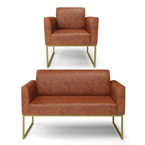 Sofá Namoradeira e Poltrona Marisa Industrial Dourado Sintético Pu D03 - D’Rossi