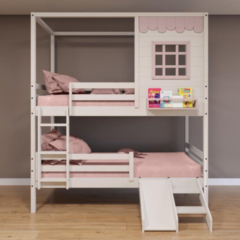 Beliche Casinha Reta com Grade Removível e Escorregador Madeira Maciça Branco/ Rosa Housin