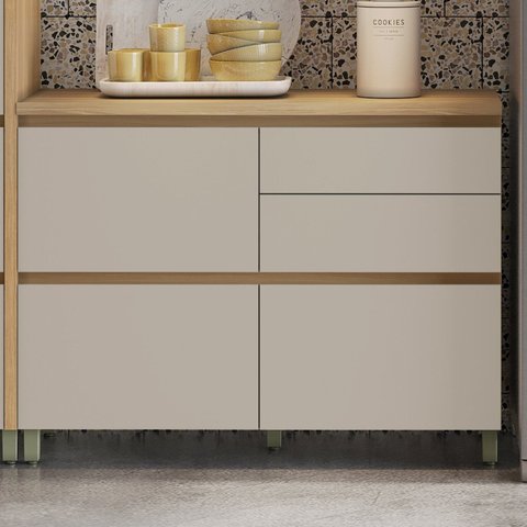 Balcão 1 Porta Basculante 4 Gavetas Rainha 120cm 100% MDF Cinza/Nature/Greige