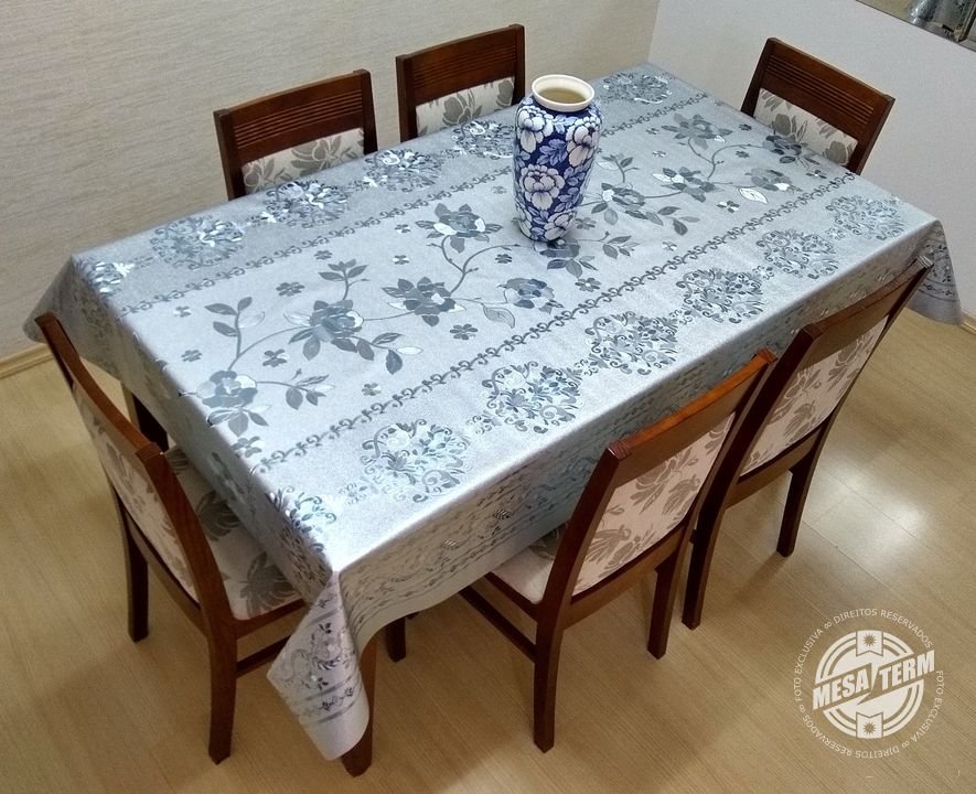 Toalha de Mesa Térmica Impermeável Prateada Flor Azul 1,40 x 2,50M - 3