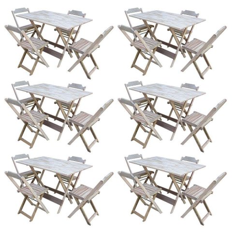 Kit 6 Conjuntos De Mesa Com 4 Cadeiras De Madeira Dobravel 120X70 Sem Pintura/Crua - Marrom
