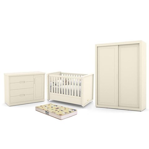 Dormitório Tutto New 2 Portas, Cômoda 1 Porta, Berço Off White com Colchão D18 - Matic Móveis