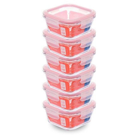 Kit com 6 Potes de Vidro Hermético 520ml Quadrado Invicta