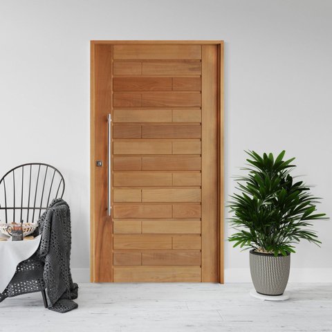 Kit Porta de Madeira 210x120cm Batente 14cm Fechadura 803 Rolete Roma Hale Esquadrias Marrom/Cedro R