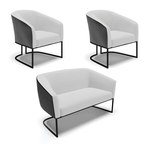 Namoradeira e 2 Poltronas Industrial Preto Stella Pto/linho Cinza D03 - D'Rossi