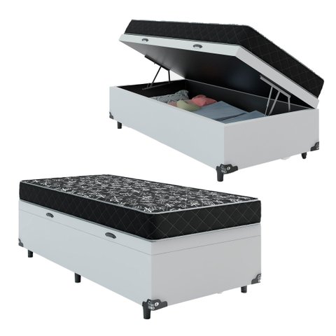 Cama Box Baú Solteiro + Colchão Smart Espuma D20 - 88x188x56cm - Branco