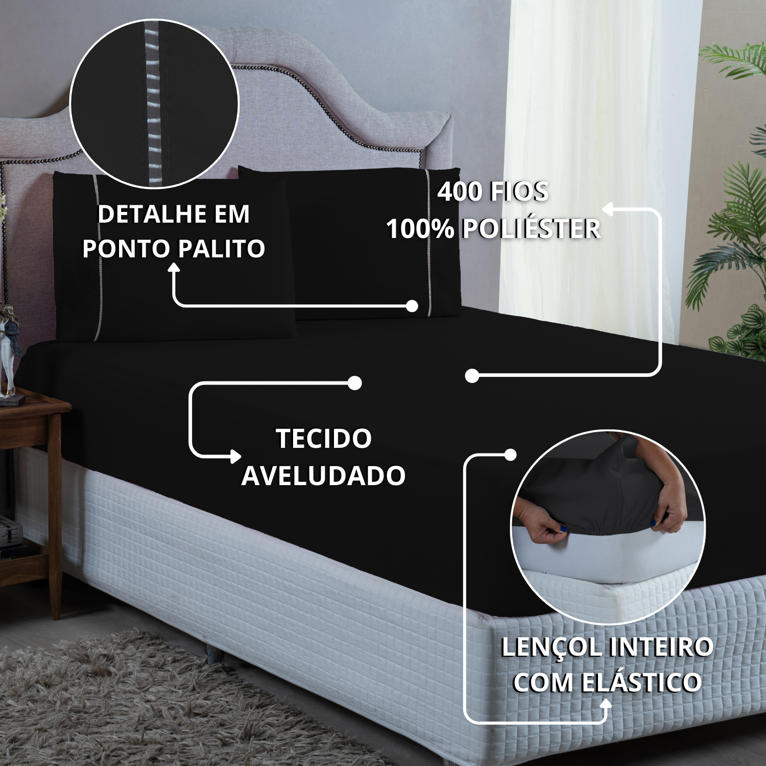 Jogo de Cama Queen com Elástico e Fronha 400 Fios com Ponto Palito 3 Peças Qualidade:preto - 4