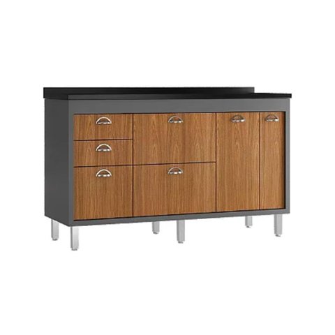 Balcão de Cozinha 144cm Grande 3 Gavetas Armário 100% MDF:Cinza/Freijó