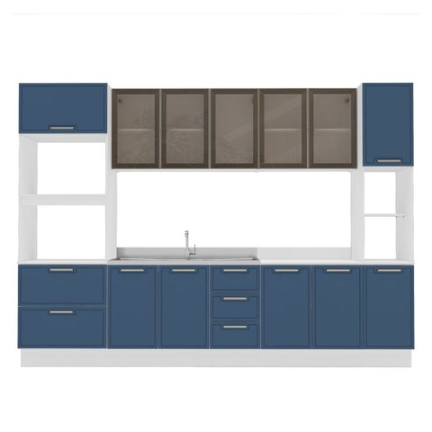 Cozinha Completa Amara 13 Portas 4 Gavetas com Vidro 40250776 Azul/branco - Politorno