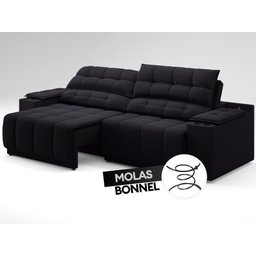 Sofá com Porta Copos Carregador Usb Ret Rec Samurai 2,50m Velosuede Preto - Netsofas - 6
