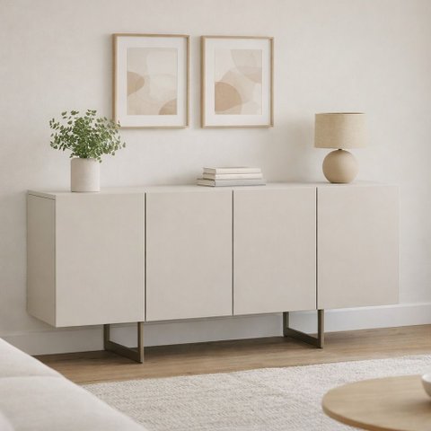 Aparador Buffet para Sala de Jantar 4 Portas 160cm Pés Industrial Benita N01 Off White Champanhe