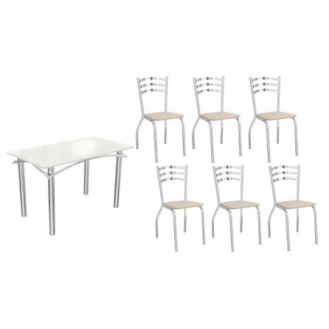 Sala de Jantar Completa Elba Tampo Madeirado C/ Vidro 120cm e 6 Cadeiras Portugal Cromada/off White