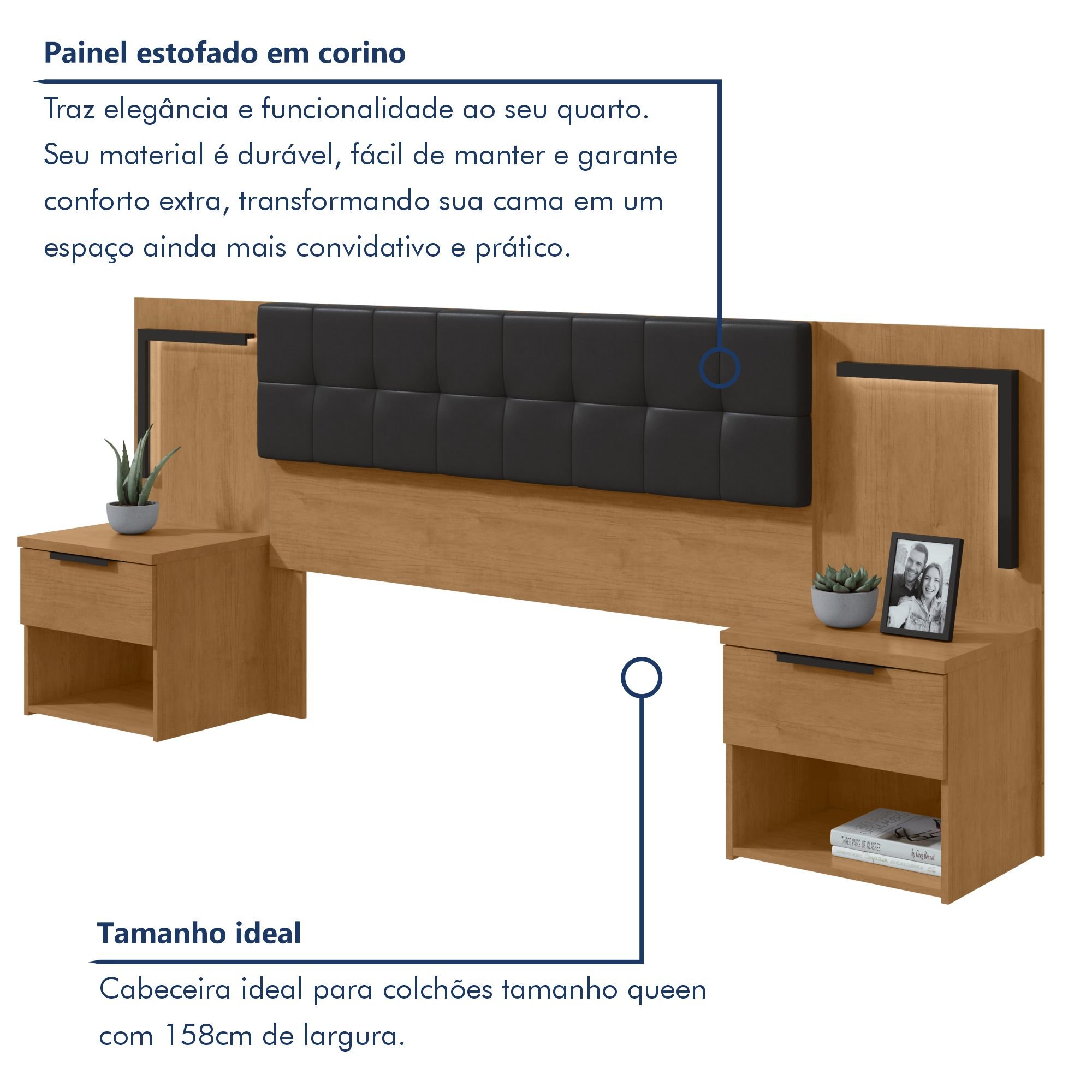 Cabeceira Casal / Queen 160cm 2 Mesas de Cabeceiras com Led Calitan - 2