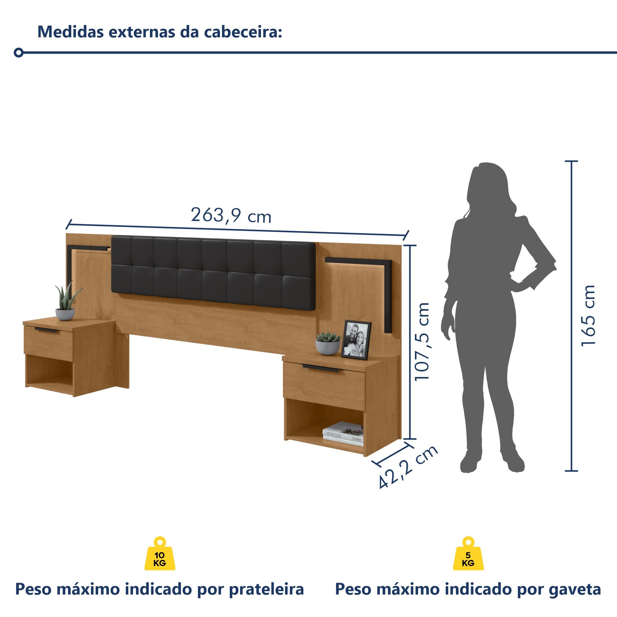 Cabeceira Casal / Queen 160cm 2 Mesas de Cabeceiras com Led Calitan - 7