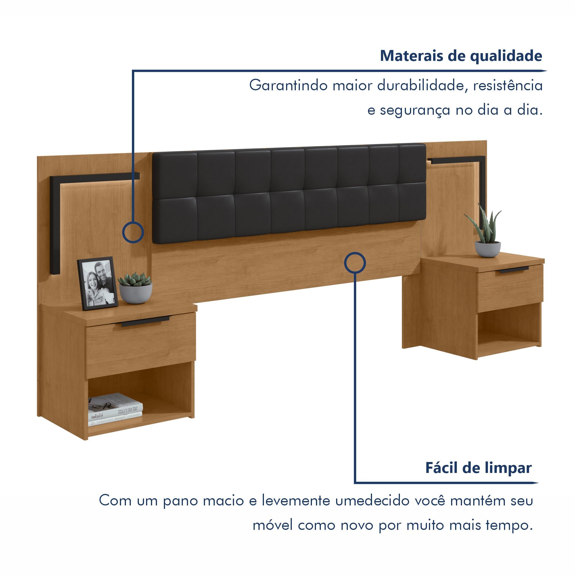 Cabeceira Casal / Queen 160cm 2 Mesas de Cabeceiras com Led Calitan - 6