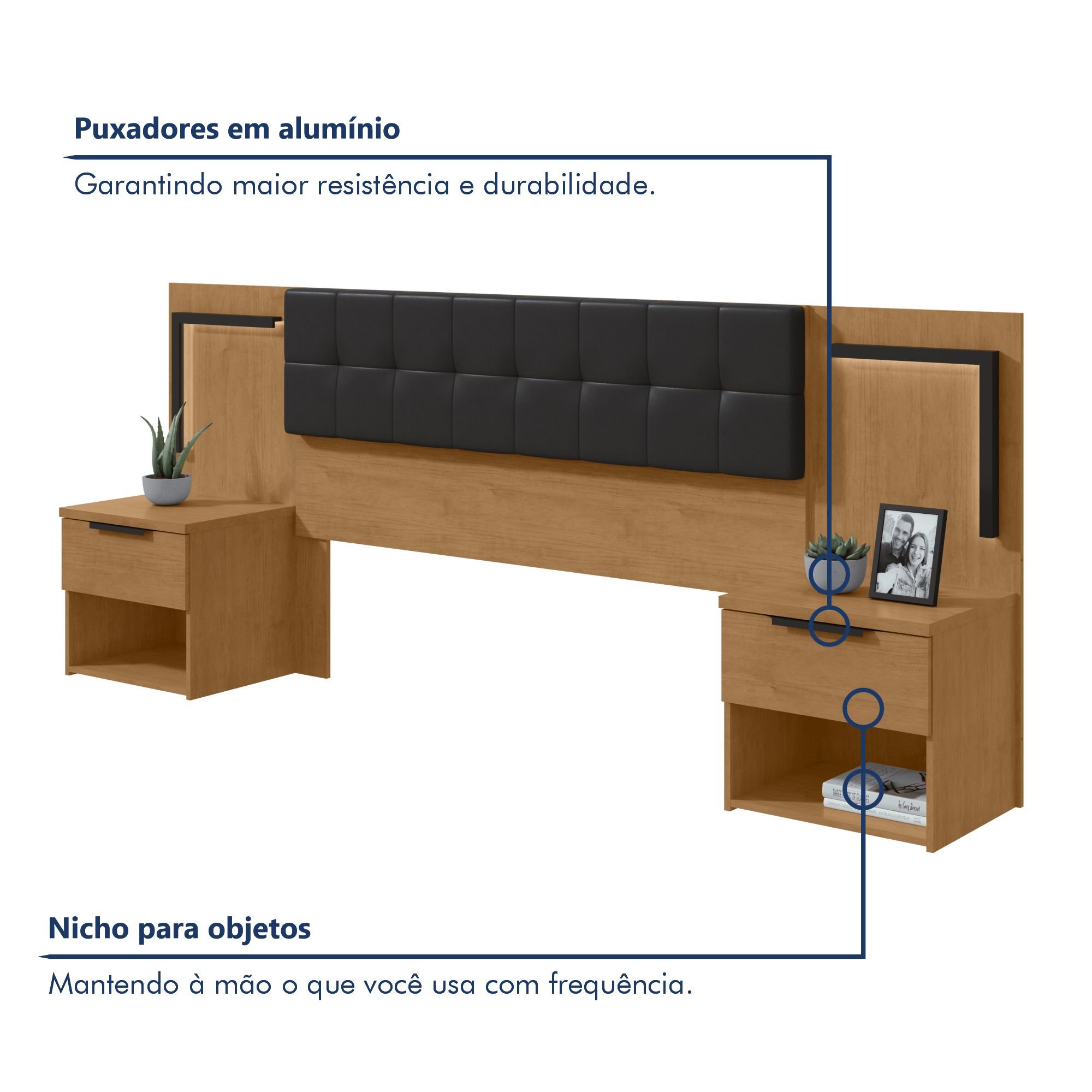 Cabeceira Casal / Queen 160cm 2 Mesas de Cabeceiras com Led Calitan - 3