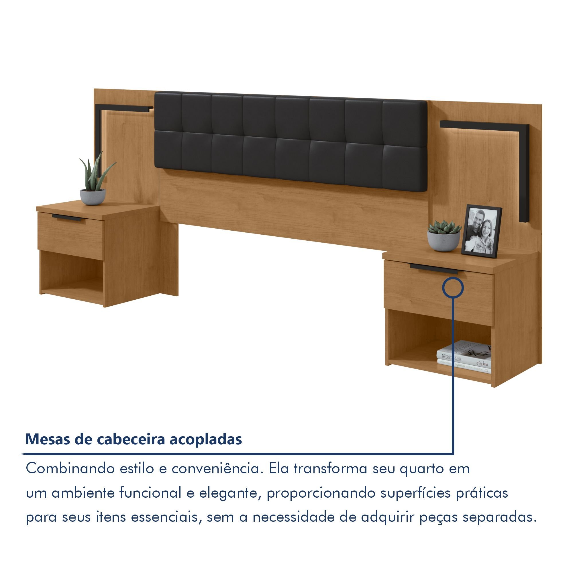 Cabeceira Casal / Queen 160cm 2 Mesas de Cabeceiras com Led Calitan - 5