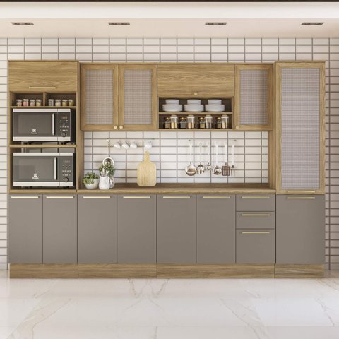 Armário de Cozinha Modulada Completa Reta 8 Peças 3,20m 218 Botanic Kappesberg - Nogueira/fendi