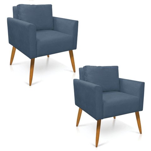 Kit 2 Poltronas Aline Suede Azul Marinho Pés Palito Castanho - D’Rossi