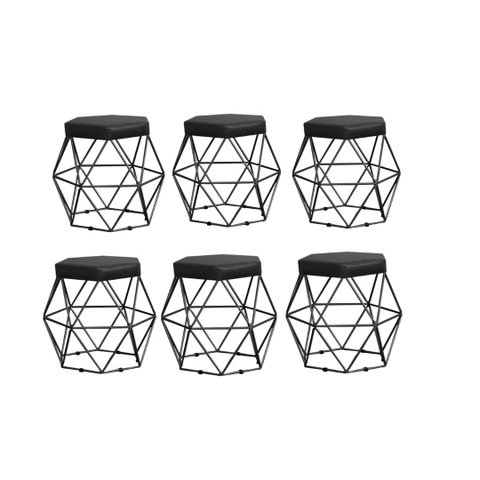 Kit 6 Puffs Decorativos Aramado Vanessa-Assento Preto
