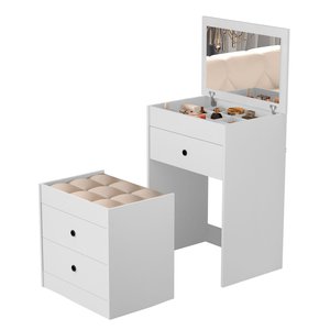 Penteadeira 3 Gavetas Compacta 100% Mdf com Espelho Banqueta:branco