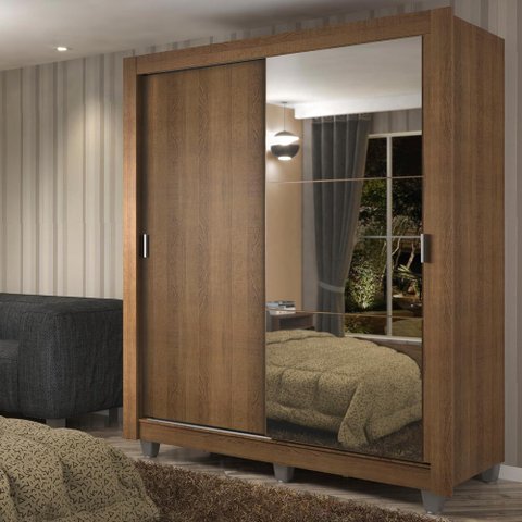Guarda-roupa Solteiro Madesa Dallas Plus 2 Portas de Correr com Espelho 4 Gavetas com Pés - Rustic