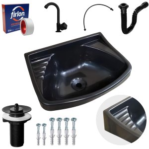 Pia Lavatório Plástico 4,8l Preta + Sifão Sanfonado Universal 61cm Preto + Torneira Preta + Engate P