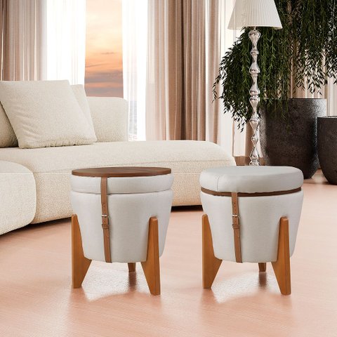 Puff Decorativo Baú Flex Tampo para Mesa Centro Linho Claro