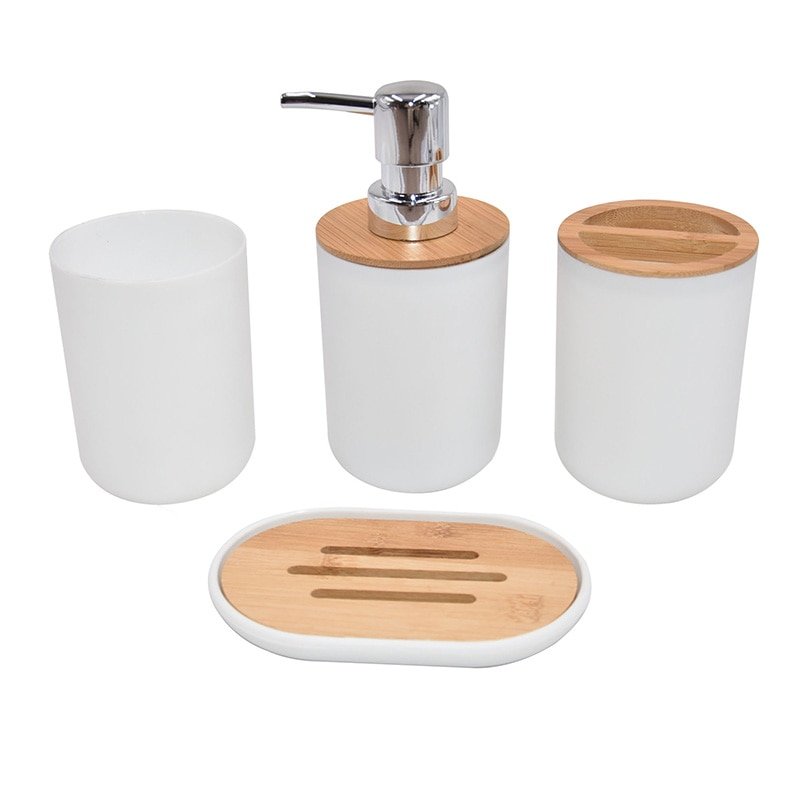 Acessórios do banheiro de bambu conjunto plástico banheiro kit dispensador de sabão, copo escova - W