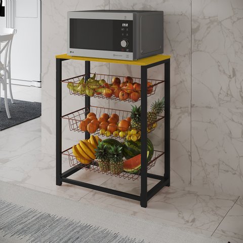 Fruteira com Suporte para Micro-ondas Barcelona Aço Preto Cesto Cobre Tampo Canela