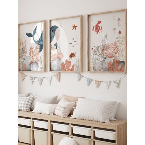 Kit 3 Quadros Infantil Animais Fundo Oceano Quarto Bebê Menino 40x60 Moldura Madeira NO1