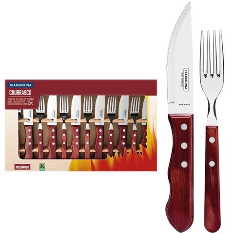 Jogo de Talheres Jumbo Tramontina Churrasco Lâminas Inox e Cabos Madeira Polywood 12 peças Vermelho