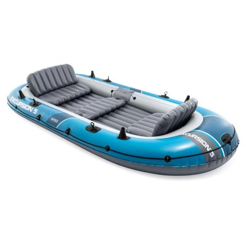 Bote Inflável Barco Excursion 5 Pessoas Azul com Suporte Motor Remos e Bomba Intex