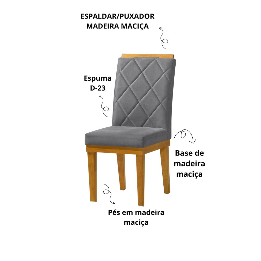 Kit 2 Cadeiras de Jantar com Pés em Madeira Maciça Diana:cinza - 3