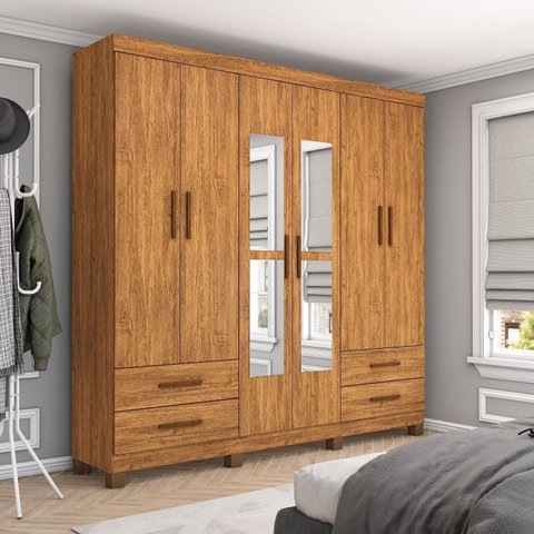 Guarda-Roupa 6 Portas 4 Gavetas com Espelho e Pés Genova Marrom/Cinamomo