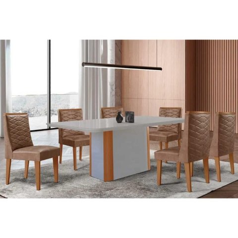 Conjunto: Mesa Sala Jantar Pietã¡ Curvo 180cm + 6 Cadeiras Maldivas Madeira Naturale/off White -